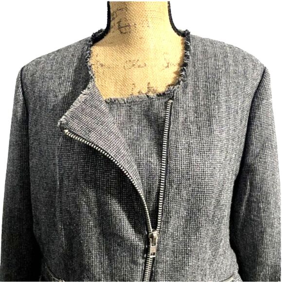 MNG Mango Casual Moto Zip Tweed Jacket Gray Metallic Silver Fringe Size Large - Picture 2 of 5